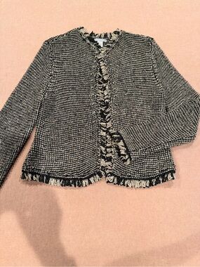 H&M Black & Cream Fringed Tweed Open-Front Blazer size L